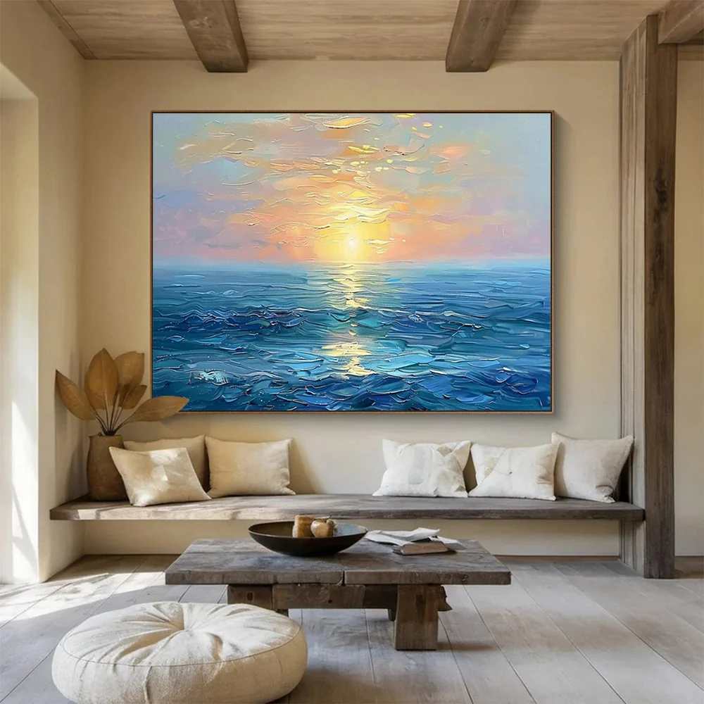 Coastal Handmade Hand-painted Sunset They Impressionistic Canvas Artwork 4T9ZX